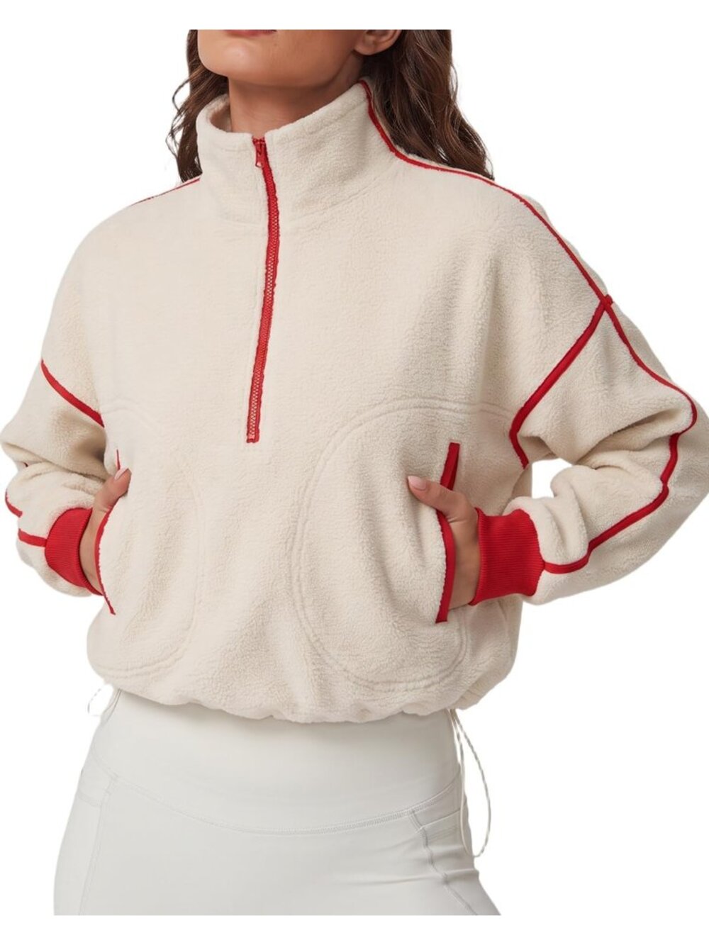 Women’s Cream Long Sleeve Half ZIP Pullover Cropped Sweatshirt Fleece Jacket